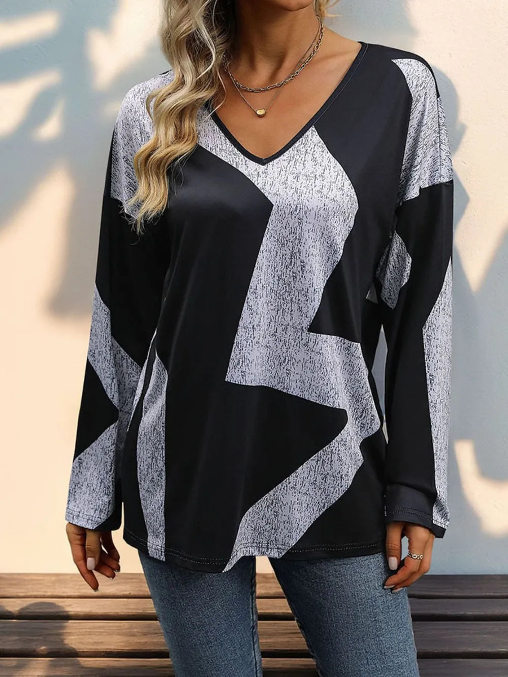 Long sleeved casual loose color blocked top for women