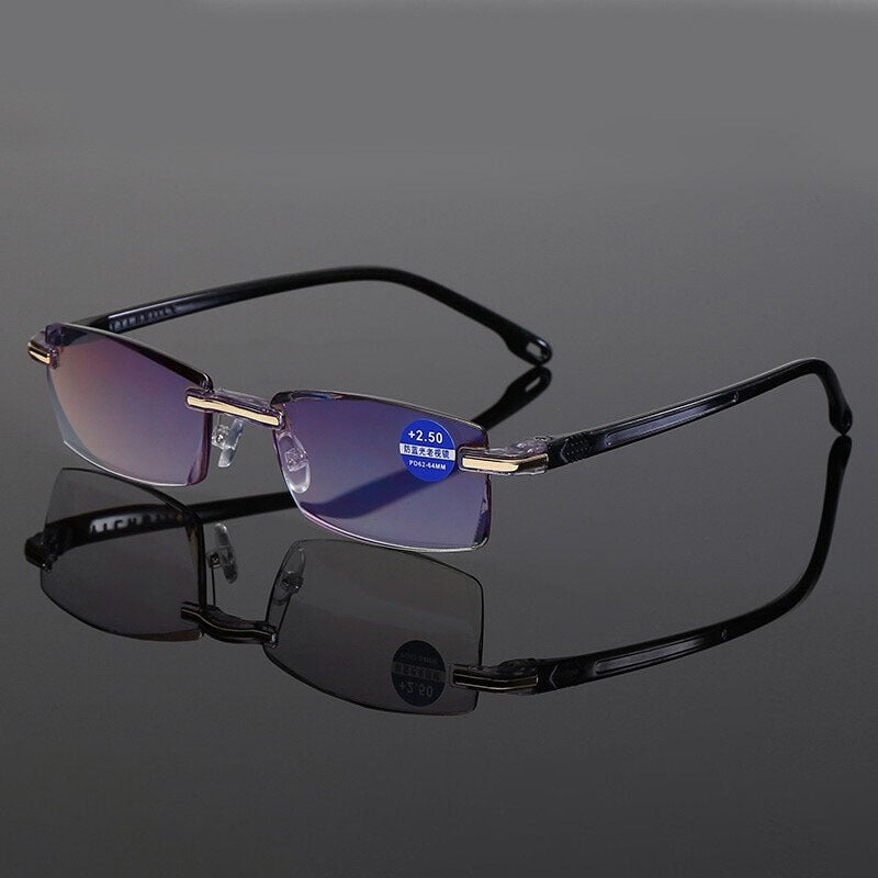 New frameless diamond trimmed reading glasses with anti blue light and blue film integrated men's reading glasses metal