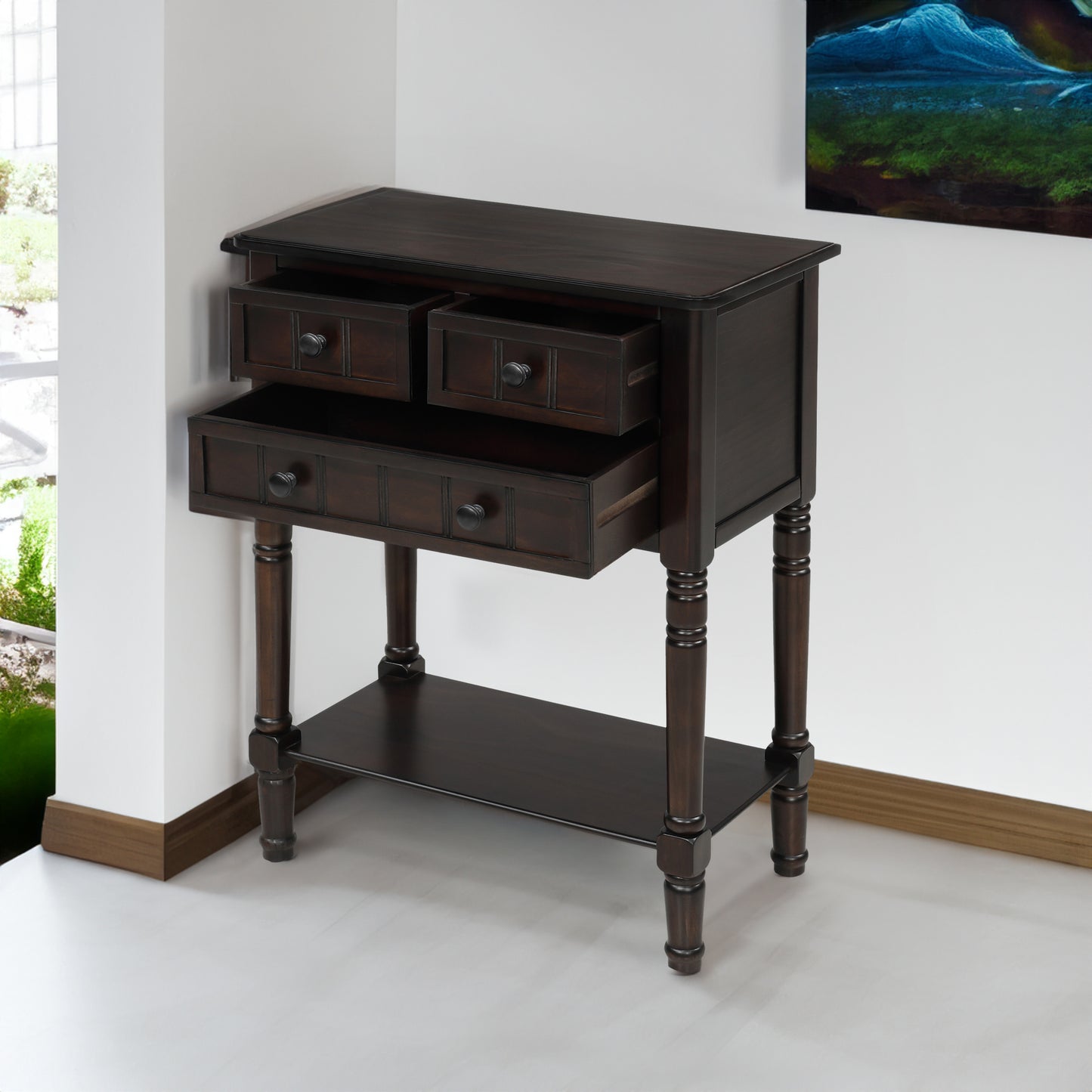 TREXM Narrow Console Desk, Ultra Thin Sofa Table with Three Storage Drawers and Living Room Bottom Shelves (Espresso)