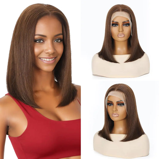 MYSTERY 13x4 Brown bob Lace Front Wigs Human Hair 4# Brown Straight Bob Glueless Wigs Human Hair 150% Density Short Bob Wigs for Black Women Human Hair Pre Plucked 10 Inch