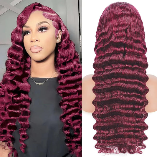 OLFORY Burgundy Lace Front Wigs Human Hair Wigs for Black Women 13x4 HD Transparent Lace Frontal Wigs Pre Plucked 200% Density 99j Loose Deep Glueless Wigs Red Wine Brazilian Virgin Wig 30 Inch