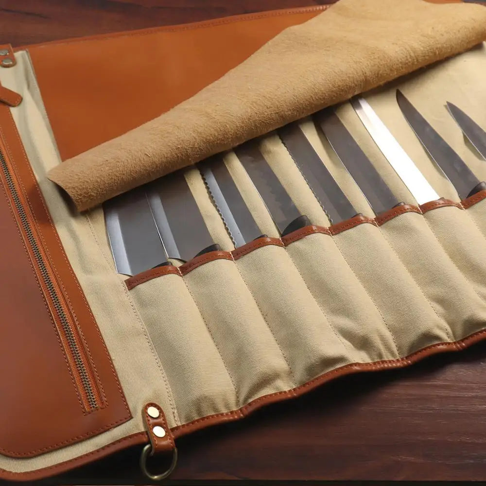 WESSLECO Kitchen Chef Knife Bag Roll Bag Synthetic Leather Knife Carrying Storage Case with 10 Pockets
