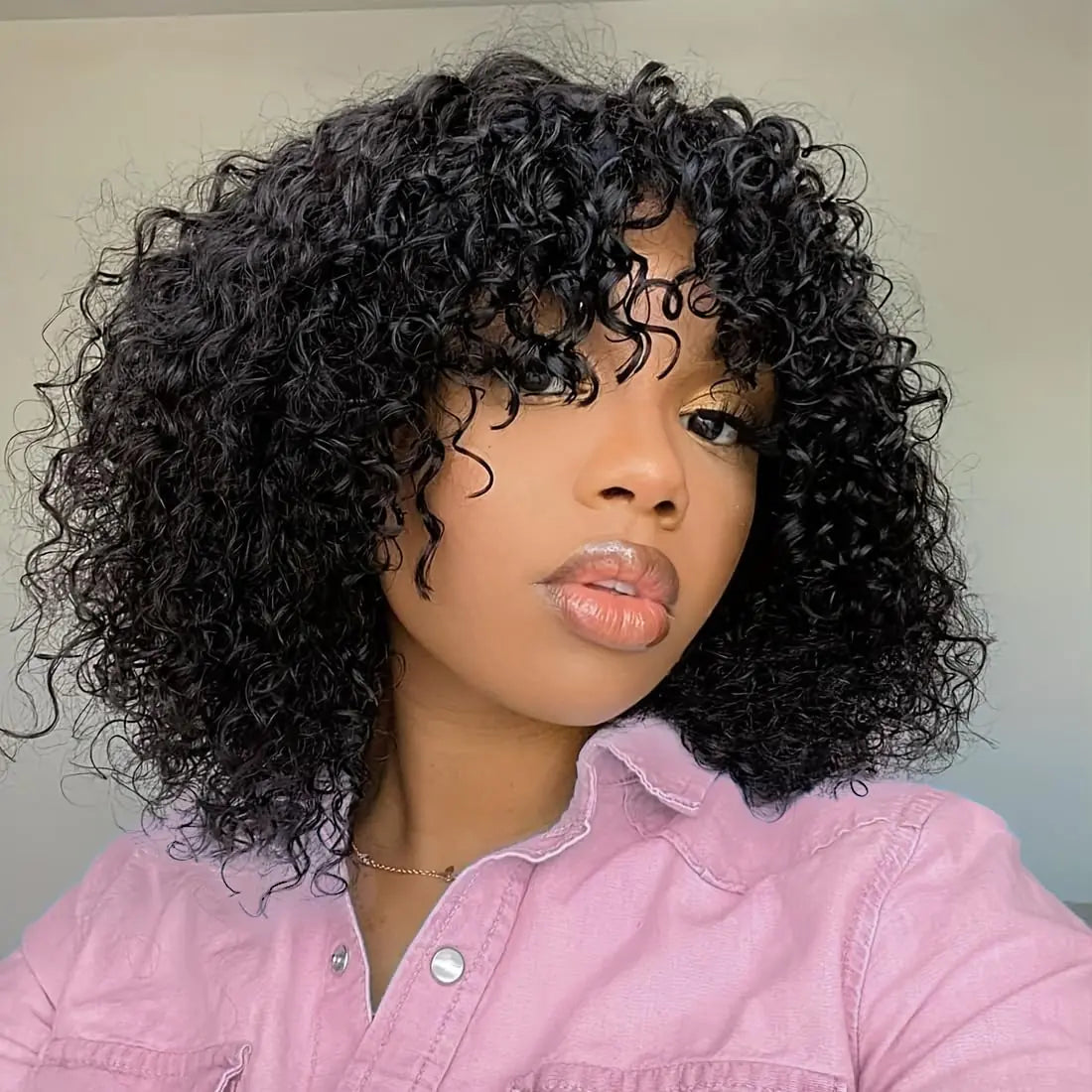 Youngirl Short Curly Wig Human Hair Wigs with Bangs Glueless Curly Wigs for Black Women Brazilian Virgin Human Hair Wig Machine Made 150% Density None Lace Front Wigs Natural Black