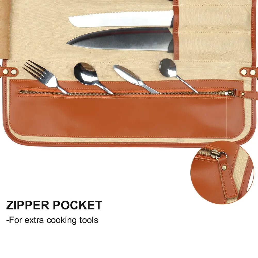 WESSLECO Kitchen Chef Knife Bag Roll Bag Synthetic Leather Knife Carrying Storage Case with 10 Pockets
