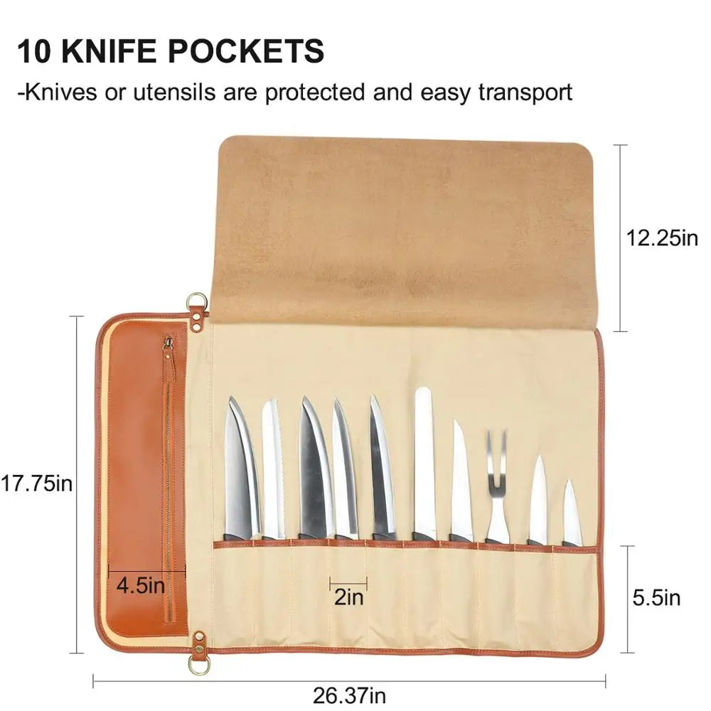 WESSLECO Kitchen Chef Knife Bag Roll Bag Synthetic Leather Knife Carrying Storage Case with 10 Pockets