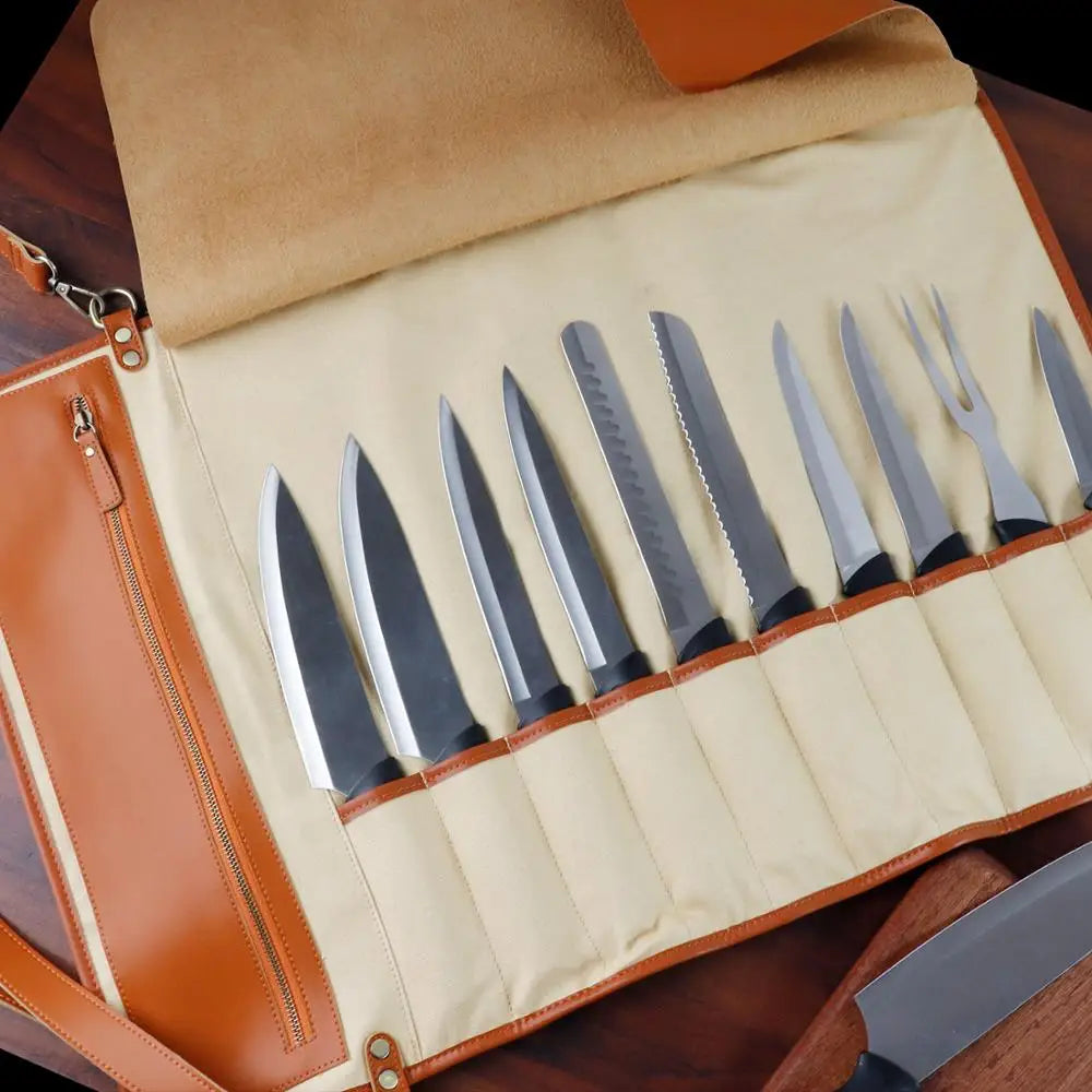 WESSLECO Kitchen Chef Knife Bag Roll Bag Synthetic Leather Knife Carrying Storage Case with 10 Pockets