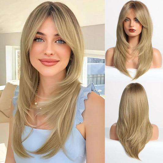 EMMOR Blonde Wigs for WomenLong Layered Wigs with Curtain Bangs Heat Resistant Synthetic Fibre Wigs(Ombre Ash Blonde)