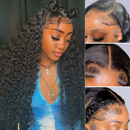 Nervoss HD Transparent Lace Front Wigs Human Hair Water Wave 13x4 Lace Frontal Wigs for Women Brazilian Deep Wave Human Hair Wigs with Baby Hair Pre Plucked Natural Hairline Wigs 180% density 26 Inch