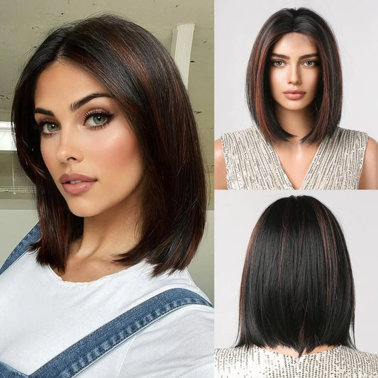 testar Black Bob Wigs for Women Lace Hairline Wig Short Black Wig With Blonde Highlights Middle Part Hair Wigs Heat Resistant Fiber Wigs for Girls Cosplay 12 Inch