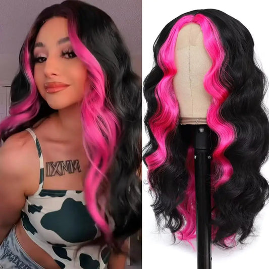 msloosily Hot Pink Skunk Stripe Wigs 22inch Highlight Synthetic Hair Lace Front Wigs for Black Women Middle Part Fake Scalp Long Wavy Wig Natural Looking Synthetic Body Wave Wigs