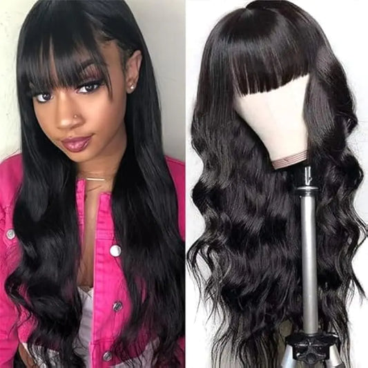 Tamnnee Body Wave Wigs with Bangs Human Hair Wigs for Black Women 1x3Inch Lace Front Wigs 150% Density Brazilian Virgin Hair Glueless Wig Natural Color (24INCH)