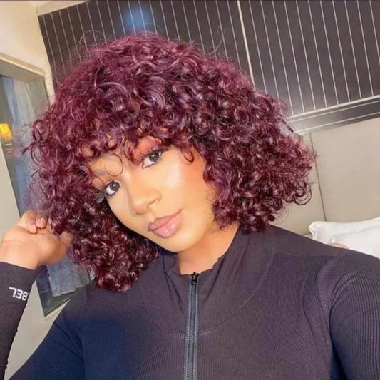 Queenset Burgundy Short Curly Human Hair Wigs with Bangs Glueless Wigs for Black Women Wear and Go Red None Lace Front Wigs Human Hair Brazilian Deep Wave Curly Wigs with Bangs 99J#