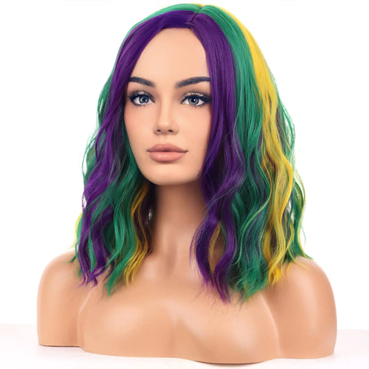 BERON Mardi Gras Wigs for Womens Girls Mardi Gras Costume Cosplay Purple Green and Yellow Colored Side Part Wigs Shoulder Length Mardi Gras Cosplay Party Wigs