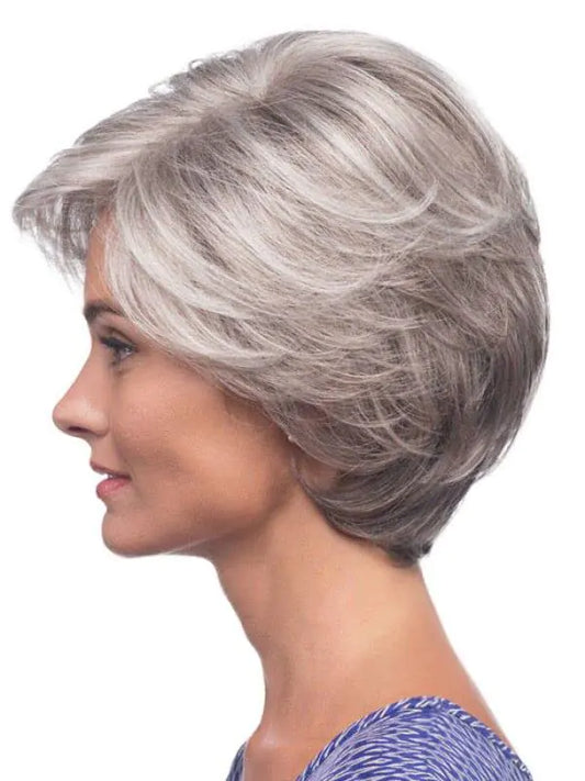 SEVENCOLORS Short Grey Wigs for White Women Layered Mixed Silver Pixie Cut Wigs Natural Wavy Short Gray Synthetic Hair Wigs for Older Women