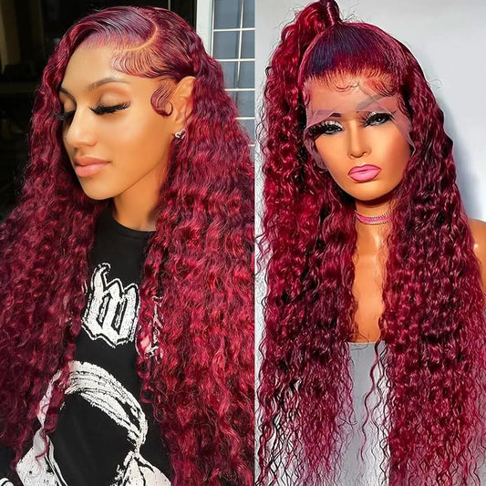 Larhali 99J HD Lace Front Wigs Human Hair Pre Plucked 180% Density Burgundy 13x6 Deep Wave Frontal Wigs Natural Hairline Human Hair Wigs for Black Women(32 Inch)