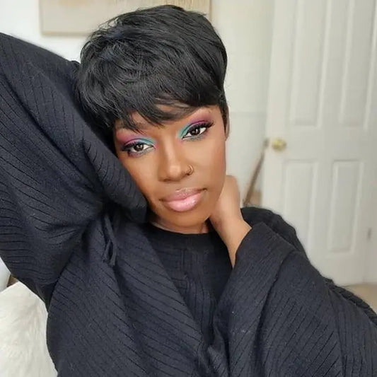 Guree Hair Glueless Wear and Go Wig Pixie Cut Short Human Hair Wigs for Black Women Full Machine Wigs 150% Density Layered Wavy Style Wigs with Bangs(Black)