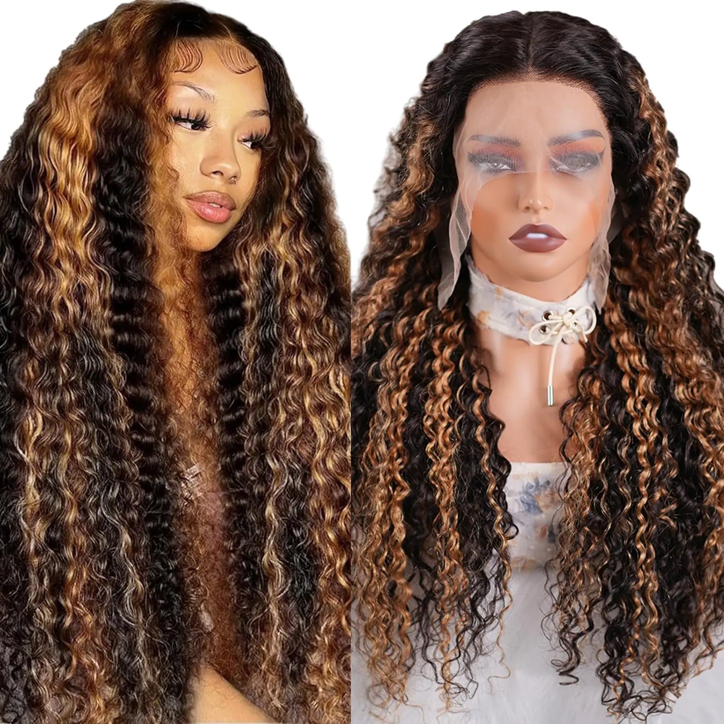 Momaksa 13x6 Lace Front Wigs Human Hair 12A Grade 1B/27 Deep Wave Lace Front Wigs Human Hair Glueless Wigs Human Hair Curly Human Hair Wig Highlight Lace Front Wigs Human Hair 200% Density 32 Inch