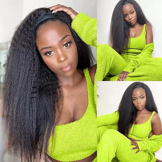 Vanmast Headband Wigs Human Hair 180% Density 12A Kinky Straight Human Hair Headband Wigs For Black Women Yaki Straight Human Hair Wigs With Headband Attached Half Wig Natural Black Color 22 Inch