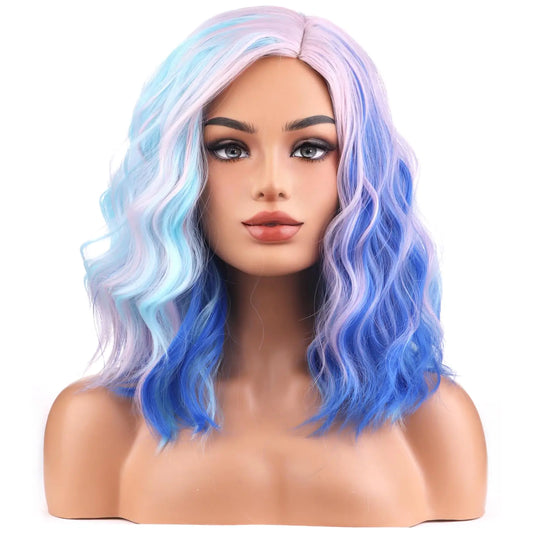 BERON Pink and Blue Wigs for Womens Short Curly Wavy Wig Girls Colorful Side Part Wigs Shoulder Length Heat Resistant Synthetic Cosplay Party or Daily Used Wigs