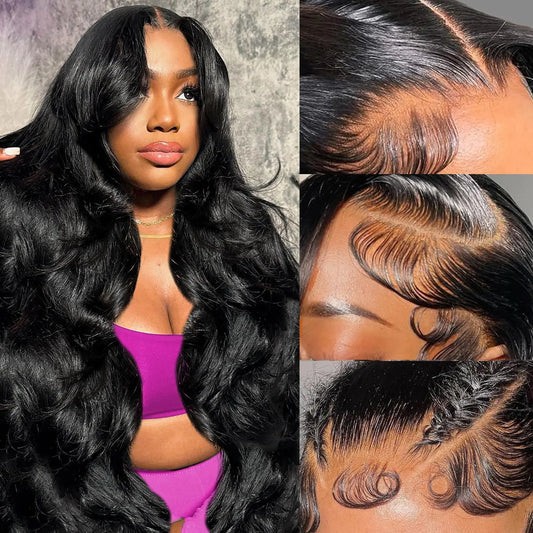 34 Inch Body Wave Lace Front Wigs Human Hair Pre Plucked 13x6 Lace Frontal Wigs 180 Density HD Transparent with Baby Hair Natural Hairline Gluesless Human Hair Wigs for Women Natural Black