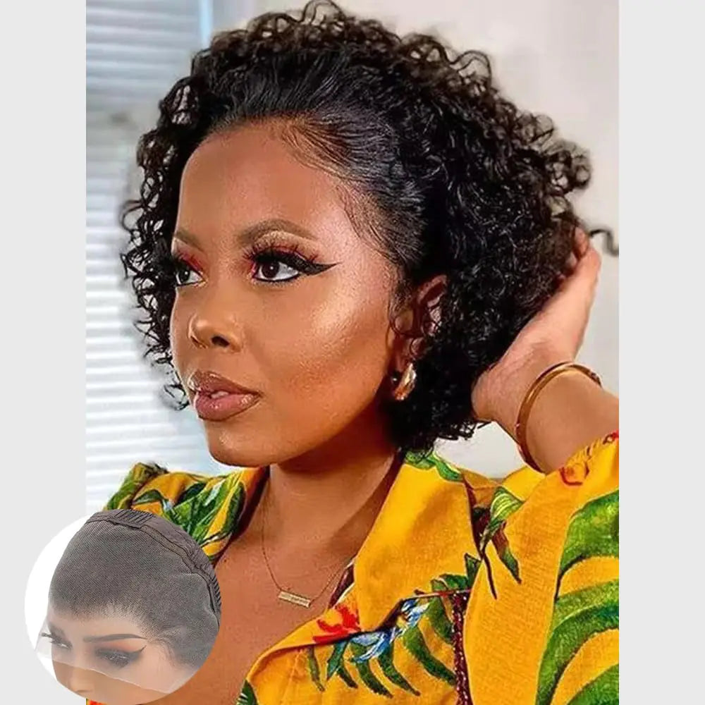 YKHJH 13X4 Short Curly Human Hair Wigs Pixie Cut Wig Human Hair 6 Inch Wear and Go Glueless Wigs Human Hair Pre cut Short Lace Front Wigs for Black Women