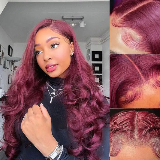 SAIWINI 99j Burgundy Lace Front Wigs Human Hair 13x4 Body Wave Wig 180% Density Glueless Frontal Wigs Human Hair Pre Plucked Brazilian Virgin Human Hair Wigs Colored Wine Red for Women (32inch)