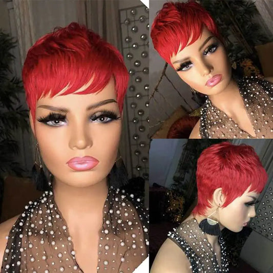 Sumcas Red Short Pixie Cut Wigs Human Hair for Black Women Brazilian Remy Human Hair Glueless Short Bob Wigs African American Short Style Celebrity Wigs with Temple Bangs