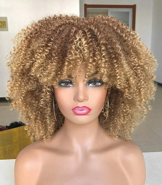 Curly Afro Wigs for Black Women Short Kinky Curly Wigs with Bangs 14inch Blonde Afro Hair Synthetic Fibre Wigs