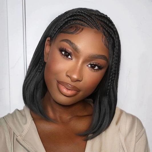 WIGER 13x4 Straight Bob Lace Frontal Wigs Braided Wigs for Black Women Handmade Cornrow Glueless Braided Bob Wig 12 Inch Synthetic HD Lace Frontal 1B Black Straight Bob Wigs