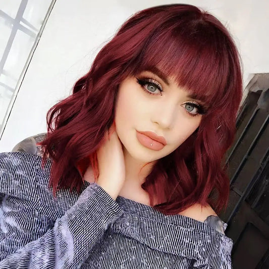 RemyAeki Short Wavy Red Wigs with Bangs for Women Curly Bob Wigs Shoulder Length Burgundy Wine Red Wigs for White Women Synthetic Heat Resistant Fiber Bangs Wigs Medium Length 14 Inch