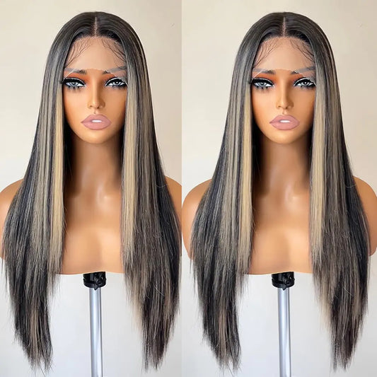 FABÉLLE Honey Blonde Highlight Lace Front Wigs 13x4x1 HD Lace Long Straight Glueless Wigs Pre Plucked Highlight Wigs Yaki Straight Synthetic Lace Front Wig 26 Inch