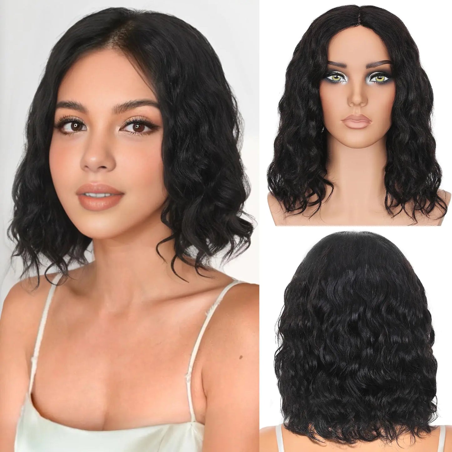 WIGNEE 12 Inches Real Human Hair Short Black Curly Bob Wigs 100% Unprocessed Brazilian Virgin Human Hair 4x1 Lace Natural Wavy Glueless Human Hair Wigs for Women 180% Density Lace Part Wigs