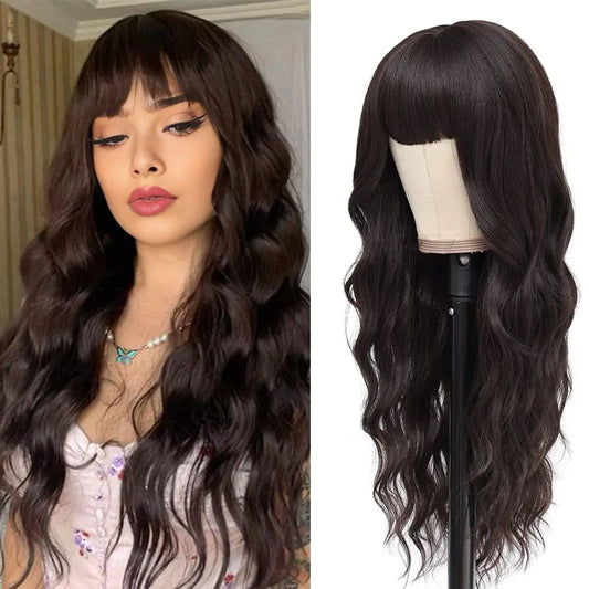 Long Brown Wig with Bangs for women Long Wavy Dark Brown Curly Wigs Natural Looking Premium Protein Fiber Hair Replacement Wigs Cosplay Costume Halloween Wigs(26 Brown)