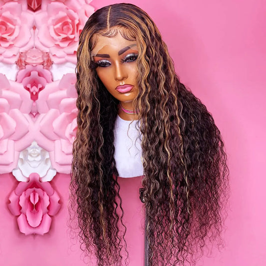 GIANNAY Highlight WigsBrown Lace Front Wigs for Black Women Curly Lace Front Wigs Brown and Black Strunk Streak Glueless Lace Front Wigs for Women 24-26 Inches (Brown Highlight Lace Front Wig)