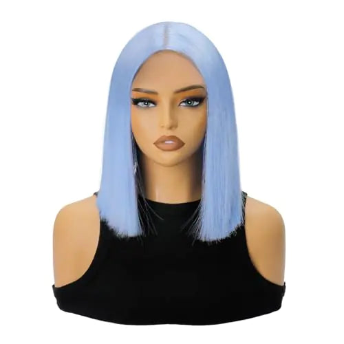 SUKRI Straight Blue Bob Wig Middle Part Short Light Blue Bob Wigs for Women 12Inch Shoulder Length Blue Wigs without Bangs Synthetic Wigs for Costume Cosplay