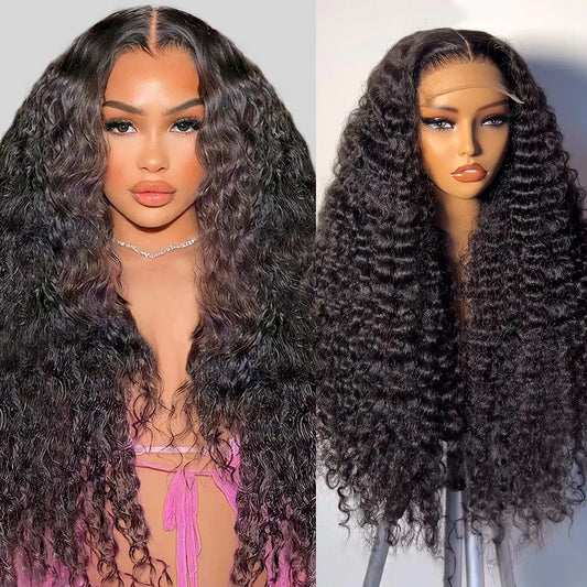 Lace Closure Wigs Human Hair Deep Wave Pre Plucked 5x5 Curly HD Transparent Lace Front Wigs with Baby Hair 180 Density Gluesless Human Hair Wigs for Women Natural Black Color 22 Inch