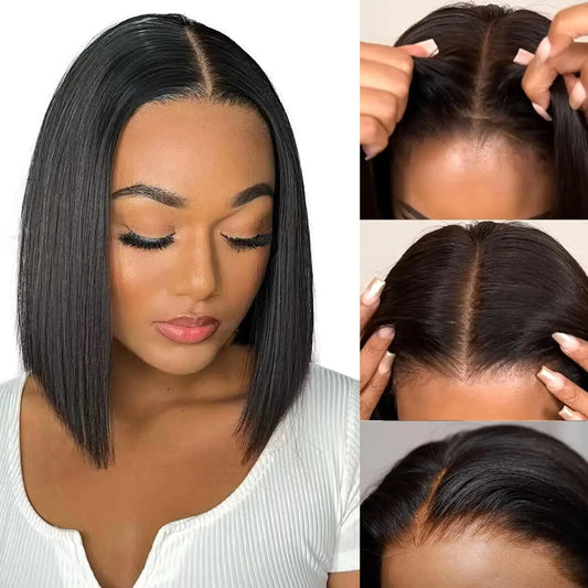 eool 9X6 Glueless Wigs Human Hair Pre Plucked Pre CutShort Straight Bob Wigs for Black Women HD Transparent Glueless Lace Front Wigs Human Hair 200% Density 12 Inch