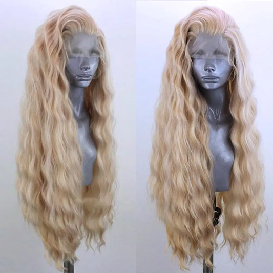 ELESTY 13 * 4 Blonde Hair Long Wavy Synthetic Lace Front Wigs For Women Natural Hairline Heat Resistant Fiber Lace Front Wigs Loose Curly Free Part Glueless Lace Wigs Daily Cosplay Wigs 24Inch