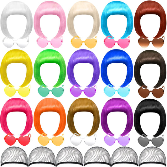 MTLEE 16 Pack Party Wigs and Sunglass Set Colorful Party Wigs Neon Short Bob Hair Wigs Funky Party Hairpieces with Rimless Heart Shape Sunglasses for Bachelorette Neon Cosplay Party Favors Supplies